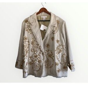 Silhouettes Tan Linen One Button Blazer~ Fringe~Embroidered~Sequins Size 22 NWT